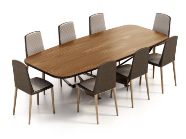 Yemek masası ve beyaz arka planda izole sandalyeler. 3B illüstrasyon.