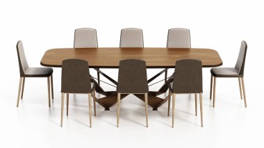 Yemek masası ve beyaz arka planda izole sandalyeler. 3B illüstrasyon.