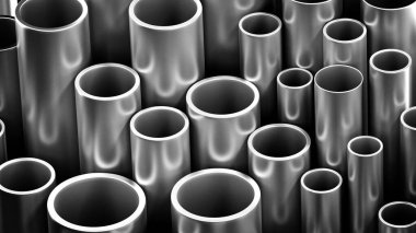 Büyük bir grup çelik borular. 3D çizim.