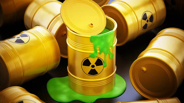 Toxic barrels with a leaking green substance. 3D illustration.