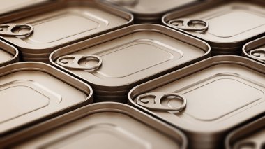 Sıralanmış balık konserveleri. 3d illüstrasyon.