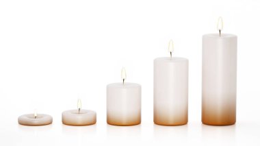 Beyaz arka planda izole edilmiş farklı boyutlarda mumlar. 3B illüstrasyon.