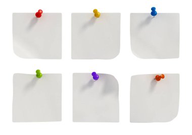 Beyaz arka planda renkli raptiyeli notlar. 3B illüstrasyon.