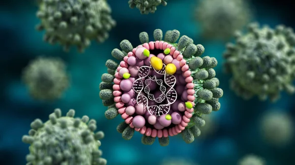 3D illustration of a virus structure. Group of virus of bacteria under miscroscope. 3D illustration.
