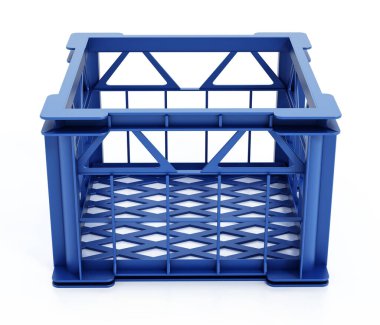 Beyaz arka planda izole edilmiş boş plastik süt sandığı. 3B illüstrasyon.