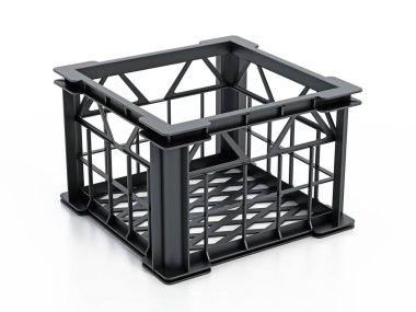 Beyaz arka planda izole edilmiş boş plastik süt sandığı. 3B illüstrasyon.