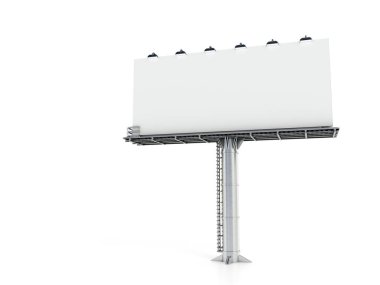 Beyaz arka planda izole edilmiş metal bir direğin üzerinde boş bir ilan panosu. 3B illüstrasyon.