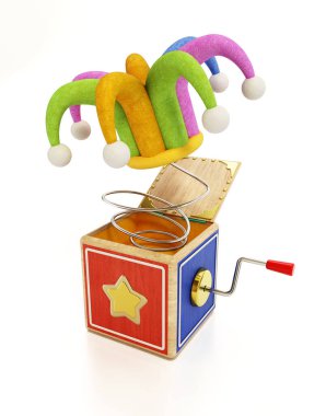 Beyaz arka planda soytarı şapkası olan sürpriz bir şaka kutusu. 3B illüstrasyon.