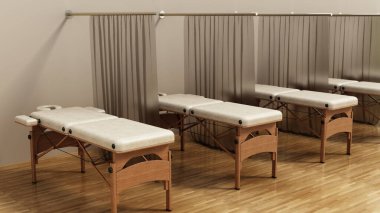 Massage beds in a row inside a room. 3D illustration. clipart