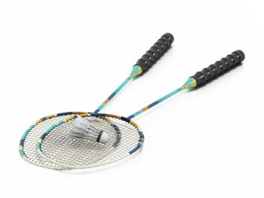 Badminton raketleri ve siki beyaz arka planda izole edilmiş. 3B illüstrasyon.