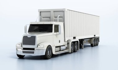 Beyaz arka planda beyaz karavan var. 3B illüstrasyon.