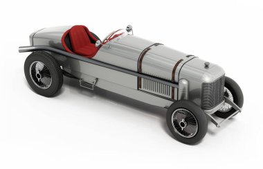 Retro yarış arabası beyaz arka planda izole edildi. 3B illüstrasyon.