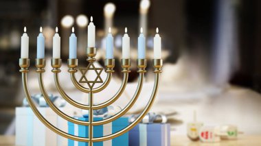 Hanuka menorası, dreidel ve arka planda bokeh ışık efektleri olan hediye kutuları. 3B illüstrasyon.