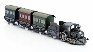 Oyuncak tren beyaz arka planda izole edildi. 3B illüstrasyon.