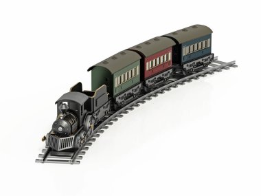 Oyuncak tren beyaz arka planda izole edildi. 3B illüstrasyon.