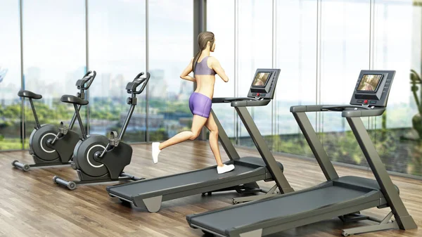 Woman running on treadmill. Exercise bikes and treadmills in sports center. 3D illustration.