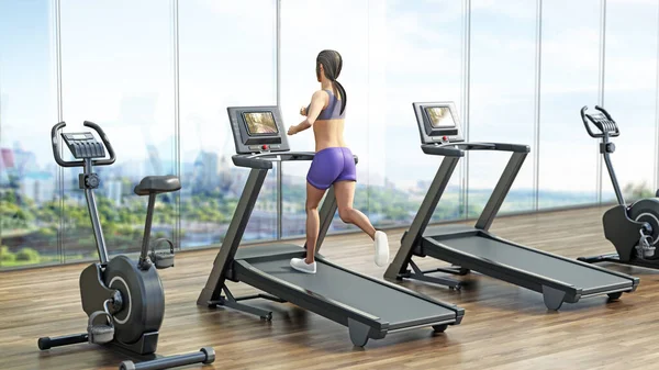 Woman running on treadmill. Exercise bikes and treadmills in sports center. 3D illustration.
