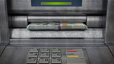 Dolar banknotlu otomatik veznedar ATM 'si. 3B illüstrasyon,