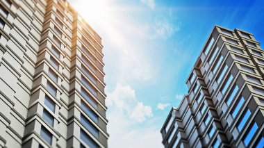 Modern binalar mavi gökyüzüne karşı. 3B illüstrasyon.