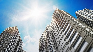 Modern binalar mavi gökyüzüne karşı. 3B illüstrasyon.