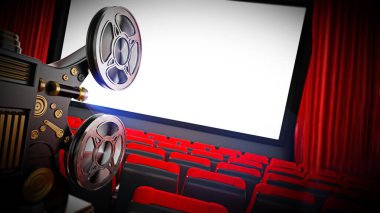 Sinema salonundaki klasik sinema projektörü. 3B illüstrasyon.