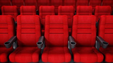 Çapraz ikonlu sinema koltukları. 3B illüstrasyon.