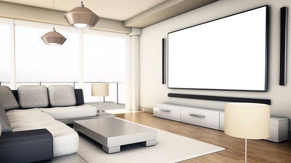 8K tv hanging on the wall of a modern room. 3D illustration.
