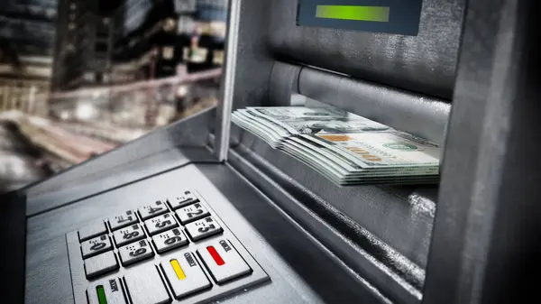 Automatic teller machine ATM with dollar bankroll. 3D illustration,