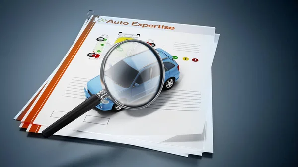 Auto expertise concept. Magnifying glass on the model car with test results. 3D illustration.