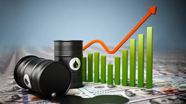 ドルの背景にある石油バレル 原油価格の上昇の概念 3Dイラスト — ストック写真