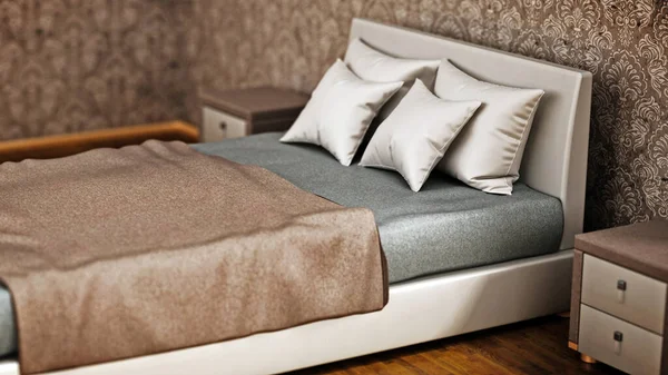Comfortable modern bed inside bedroom. 3D illustration.