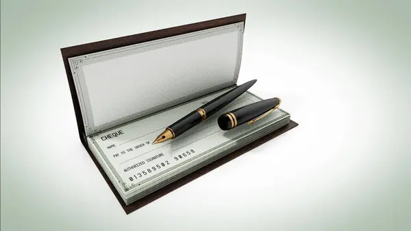 Cheque Book Ink Pen Isolated White Background Illustration — Stock Photo, Image