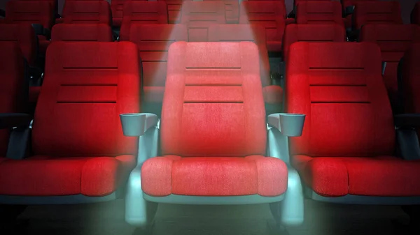 Spotlit red cinema chair in the first row. 3D illustration.