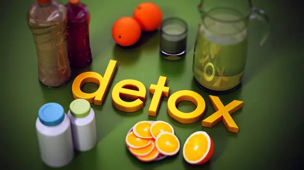 Detox concept with fresh juice bottles, pills and fruits. 3D illustration.