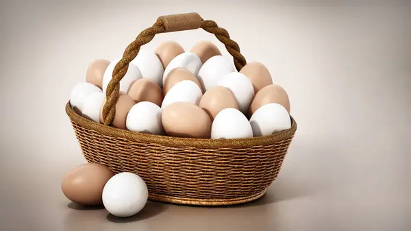 Egg basket full of white and yellow eggs. 3D illustration.