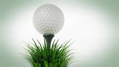 Golf topu çimenlerin arasında duruyor. 3B illüstrasyon.