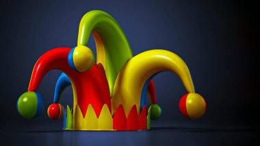 Soytarı şapkası koyu mavi arka planda izole edilmiş. 3B illüstrasyon.