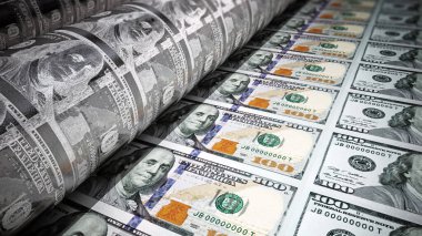 Para basma makinesi 100 dolarlık banknotlar basıyor. 3B illüstrasyon.