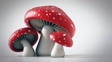 Kırmızı ve beyaz yabani mantarlar. Sağ taraftaki boşluğu kopyala. 3B illüstrasyon.