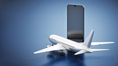 Akıllı telefon ekranının yanında duran uçak. 3B illüstrasyon.