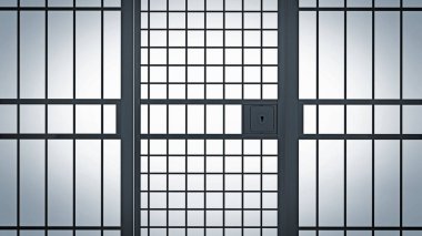 Hapishane hücresinin kapalı kapısı. 3B illüstrasyon.