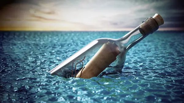 Message in a bottle at the sea. 3D illustration.