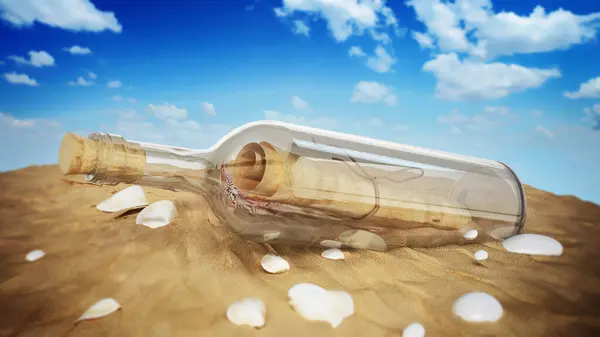Message in a bottle standing on the beach sand. 3D illustration.