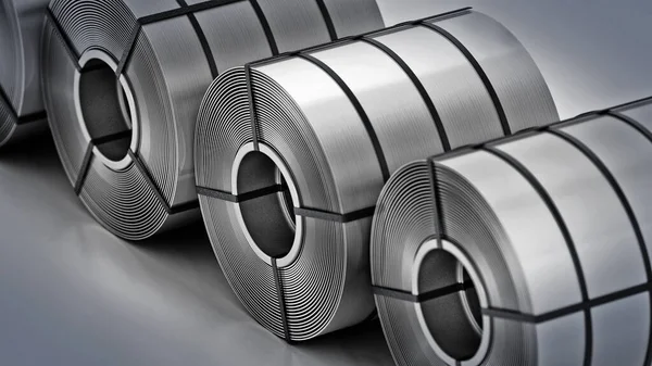 Stainless steel rolls in a row. 3D illustration.