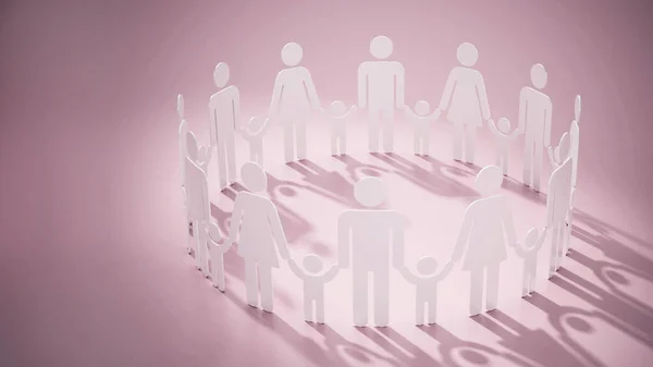 Families holding hands forming a circle alltogether. 3D illustration.