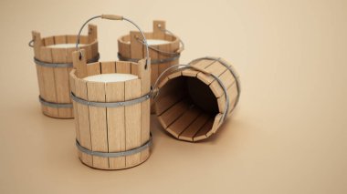 Traditional wooden milk buckets on brown background. 3D illustration.