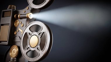 Hacimli ışık desenli klasik film projektörü. 3B illüstrasyon.