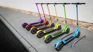 Kaldırımda duran çok renkli elektrikli scooterlar. 3B illüstrasyon.
