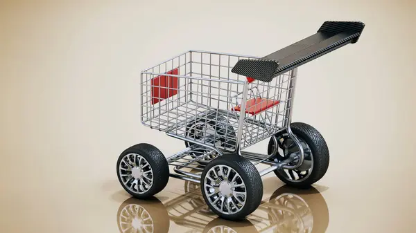 Shopping cart with sports tyres and a spoiler. 3D illustration.