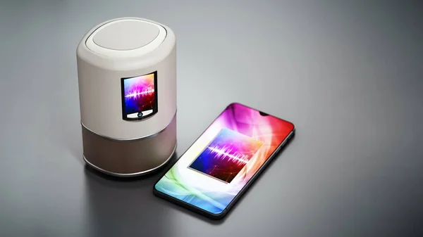 Smart speaker with LCD screen and smartphone playing music. 3D illustration.